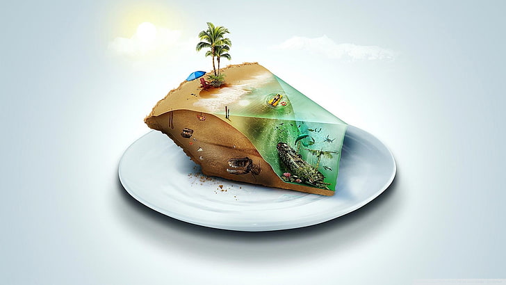 круглая белая керамическая тарелка, цифровое искусство, кусок пирога, пляж, кораблекрушение, пальмы, динозавры, рыба, тропический остров, тропическая вода, HD обои