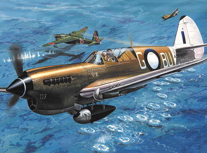 lukisan coklat Gobu, perang, seni, pesawat terbang, lukisan, penerbangan, ww2, Curtiss P-40, Wallpaper HD