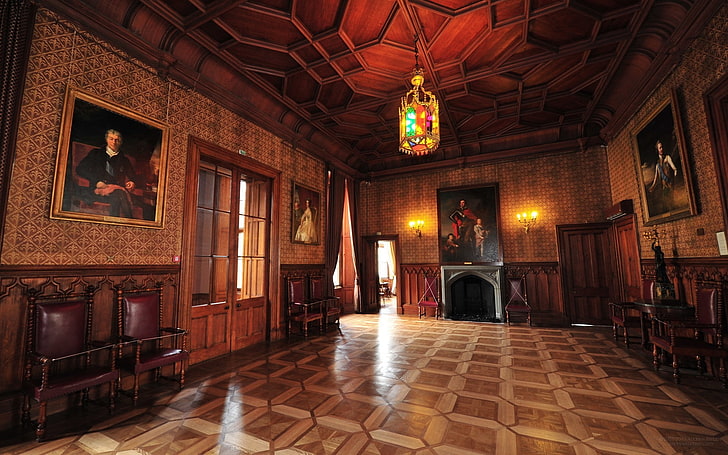 interior, room, indoors, painting, wooden surface, ancient, door, chandeliers, castle, Crimea, chair, HD wallpaper