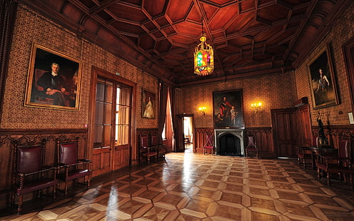 interior, room, indoors, painting, wooden surface, ancient, door, chandeliers, castle, Crimea, chair, HD wallpaper HD wallpaper