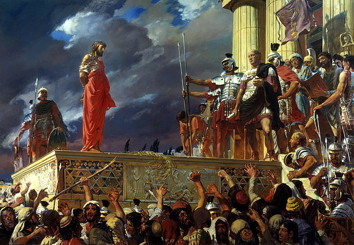 man wearing orange and white dress illustration, the sky, clouds, weapons, the crowd, armor, hands, flag, security, cry, sky, people, Holy, spears, halo, the Roman Empire, red coat, cheers, ISA, the Savior, guardians, banner, scroll, heaton, crowd, crown of thorns, Pontius Pilate, crucify him, Jesus Christ, HD wallpaper