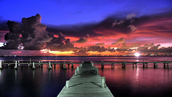 brown wooden boat dock, sunset, dock, clouds, sky, HD wallpaper
