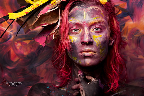 Дмитрий Сандрацкий, макияж, красочно, рыжий, лицо, женщина, модель, 500px, HD обои HD wallpaper