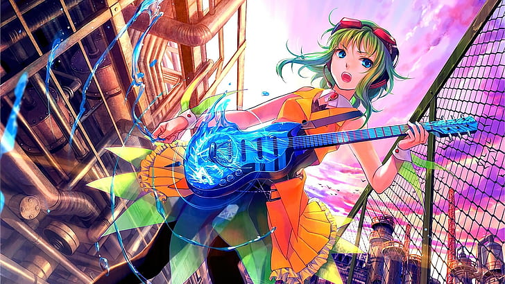 anime, meninas anime, cabelo verde, cabelo curto, olhos azuis, guitarra, olhando para longe, Megpoid Gumi, Vocaloid, HD papel de parede