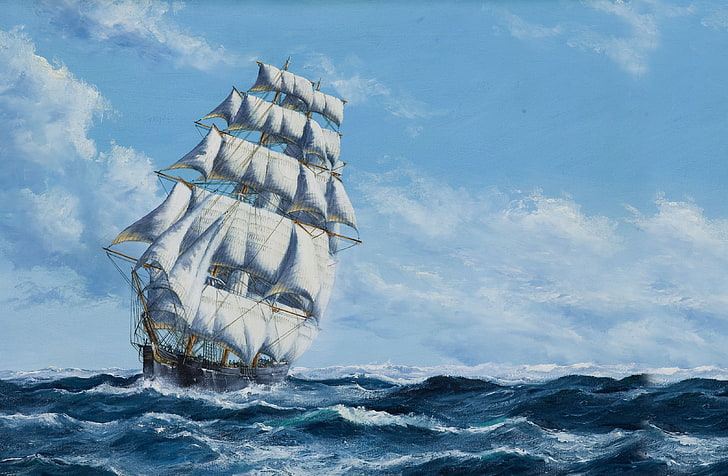 white galleon ship illustration, The sky, Sea, Figure, Ship, Sailboat, Sails, Painting, HD wallpaper