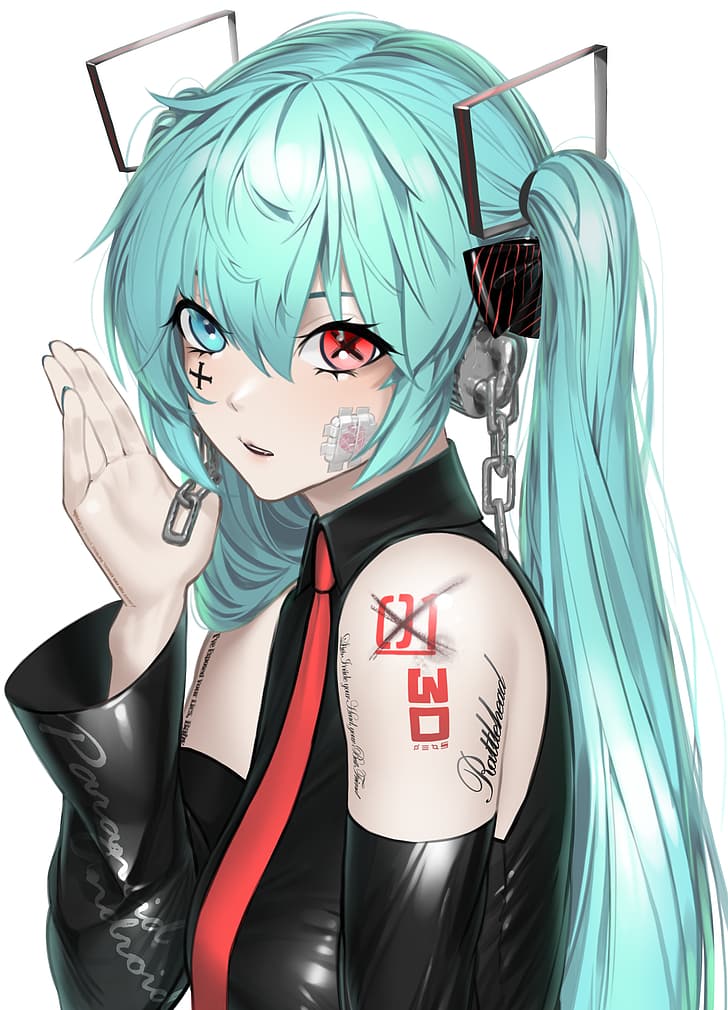 Hatsune Miku, Vocaloid, detached sleeves, twintails, aqua hair, heterochromia, sideboob, small boobs, symbol-shaped pupils, inked girls, necktie, anime girls, 2D, vertical, black shirt, sleeveless, anime, long hair, parted lips, simple background, chains, aqua eyes, red eyes, fan art, artwork, bangs, solo, pale, blushing, nail polish, looking at viewer, HD wallpaper