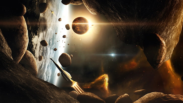 raumschiff, render, CGI, weltraum, planet, asteroid, sternen, HD-Hintergrundbild