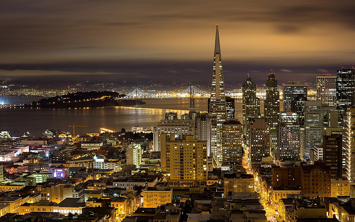 bangunan kota, San Francisco, lanskap kota, kota, lampu-lampu kota, Jembatan San Francisco-Oakland Bay, Wallpaper HD