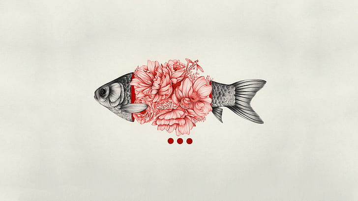 simple background, fish, flowers, digital, art, minimalism, grey fish with pink flower illustration, simple background, fish, flowers, digital, art, minimalism, HD wallpaper