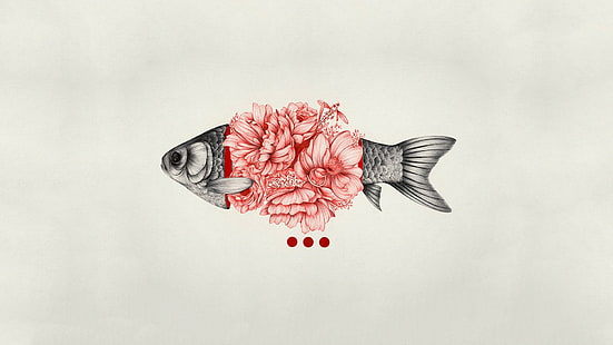 простой фон, рыба, цветы, цифровой, искусство, минимализм, серая рыба с иллюстрацией розового цветка, простой фон, рыба, цветы, цифровой, искусство, минимализм, HD обои HD wallpaper