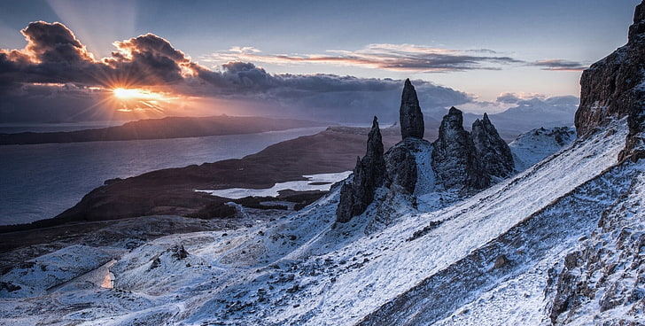 black rock formation, scotland, sunset, lake, landscape, mountains, HD wallpaper