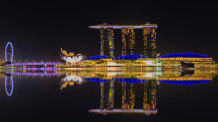 大都市、街の明かり、湾、アジア、シンガポール、空、マリーナベイサンズ、照明、暗闇、都市、反射、照明、光、都市の景観、構造、観光名所、水、夜、ランドマーク、 HDデスクトップの壁紙