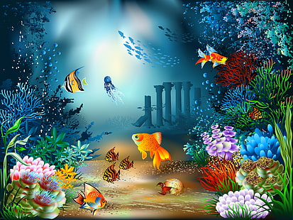 живопись рыб под водой, море, рыба, краб, медуза, вектор, дно, ракушка, кораллы, подводный мир, HD обои HD wallpaper