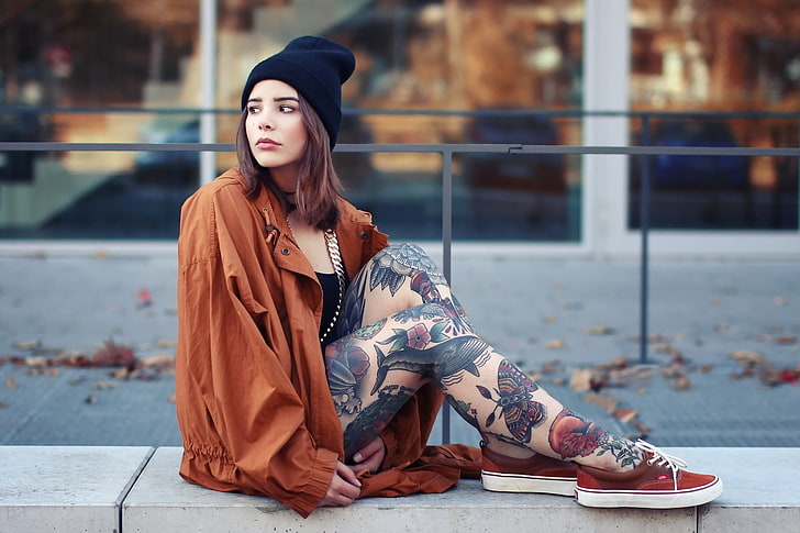 women, sitting, tattoo, sneakers, model, orange jacket, legs, looking away, brunette, HD wallpaper
