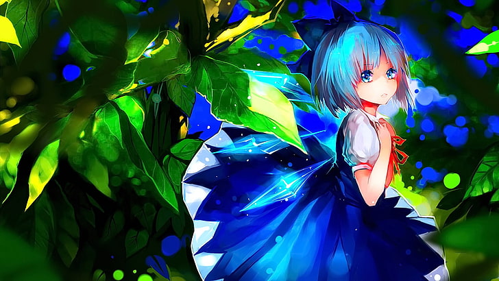 Anime, Anime Girls, kurzes Haar, blaues Haar, blaue Augen, Kleid, Blick auf Betrachter, Cirno, Touhou, HD-Hintergrundbild