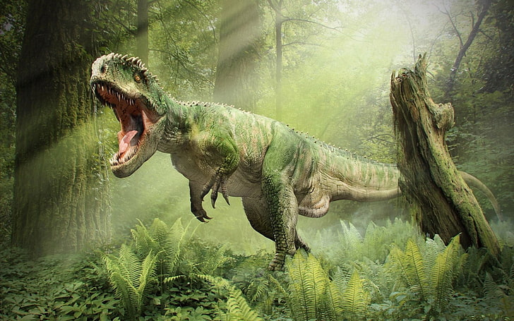 ilustrasi T-rex hijau dan coklat, hutan, dinosaurus, mulut, gemuruh, T-Rex, Tyrannosaurus, Wallpaper HD