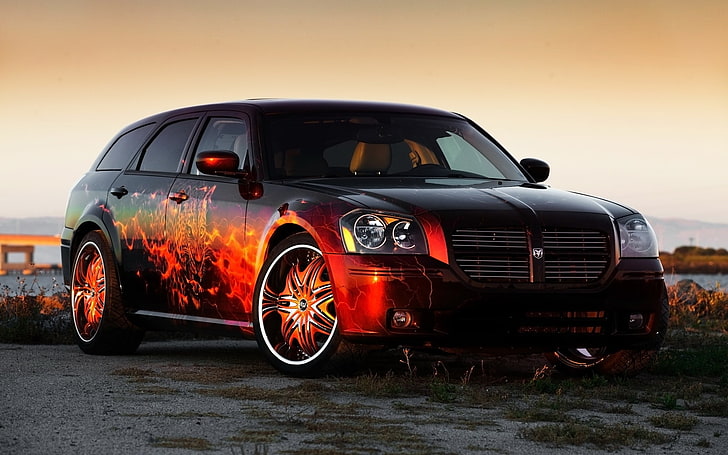 red and black Dodge Magnum station wagon, Dodge, airbrushing, tuning, Magnum, HD wallpaper