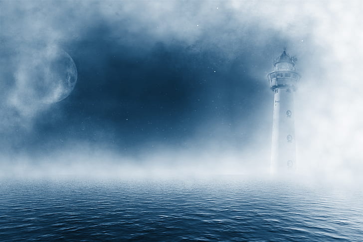 latarnia morska, księżyc, morze, mgła, błękit, Tapety HD