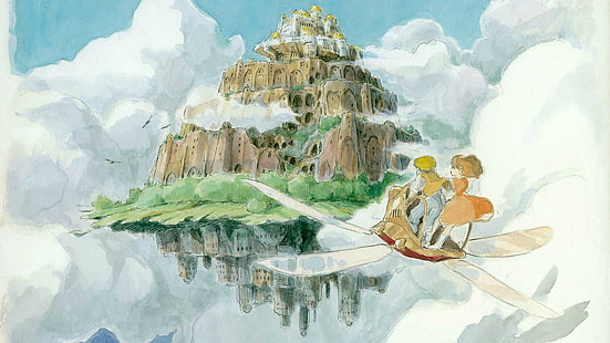 мальчик и девочка верхом на самолете, иллюстрация, студия Ghibli, Castle in the Sky, аниме, HD обои HD wallpaper