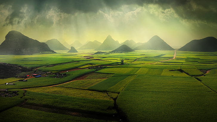 nature, landscape, mountains, clouds, sky, rain, Monsoon, house, field, farm, road, yunnan (china), China, Canoli, HD wallpaper