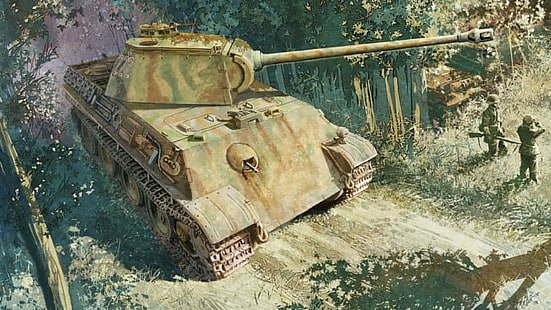 tanque militar verde y marrón, figura, arte, Panther, tanque, MAN, PzKpfw V, Panzerkampfwagen V, tanque medio alemán, T-5, T-V, Fondo de pantalla HD HD wallpaper