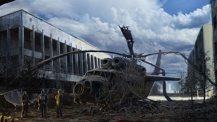 grey airplane, digital art, fantasy art, drawing, men, soldier, helicopters, apocalyptic, ruin, building, clouds, roots, trees, S.T.A.L.K.E.R., HD wallpaper
