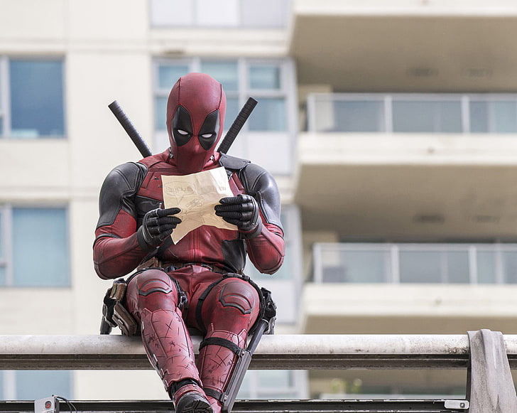 Deadpool, City, Action, Ryan Reynolds, Red, Assassin, Black, with, and, Wallpaper, Deadpool, Year, MARVEL, reading, Weapons, 20th Century Fox, Wilson, Wade Wilson, Movie, Film, Adventure, Sitting, Armors, Killer, Buildings, Sci-Fi, Thriller, Pistols, Swords, Towers, 2016, Twentieth Century Fox, Wade, Cold-blooded, EXCLUSIVE&lt; FIRST, HD wallpaper