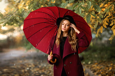 Olga Boyko, red, fall, umbrella, women outdoors, leaves, red coat, coats, Bogdana, women with hats, millinery, black hat, rain, park, black sweater, HD wallpaper HD wallpaper