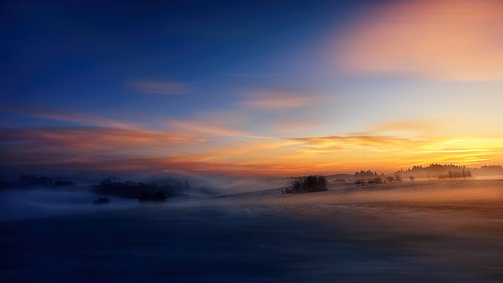 landscape, nature, sunrise, mist, field, winter, HD wallpaper