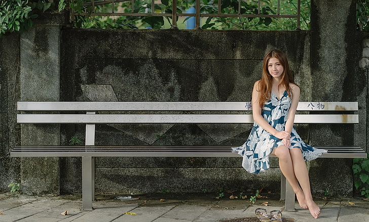 Asian, bench, legs, barefoot, sitting, women outdoors, women, HD wallpaper