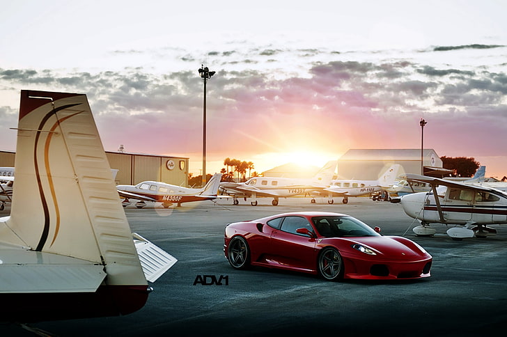 red coupe, the sun, sunset, red, tuning, supercar, ferrari, the airfield, the front, aircraft, F430, ferarri, HD wallpaper