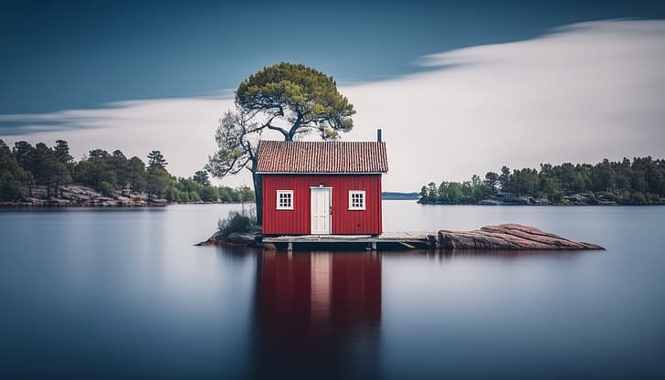 Arte AI, Svezia, cottage, isola, Sfondo HD
