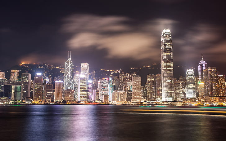Hong Kong Bangunan Pencakar Langit Cahaya Malam HD, malam, bangunan, lanskap kota, gedung pencakar langit, cahaya, kong, hong, Wallpaper HD