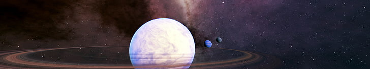 round white planet, nebula, Space Engine, planet, triple screen, CGI, render, digital art, HD wallpaper