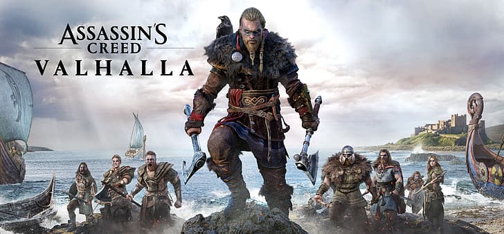 Assassin's Creed: Valhalla, viking, video oyunları, video oyunu sanatı, dijital sanat, Balta, tekne, ultra geniş, ultra geniş, HD masaüstü duvar kağıdı