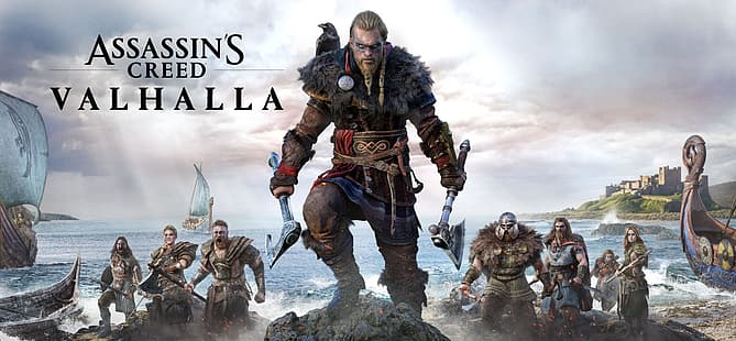  Assassin's Creed: Valhalla, viking, video games, video game art, digital art, Axe, boat, ultrawide, ultra-wide, HD wallpaper HD wallpaper
