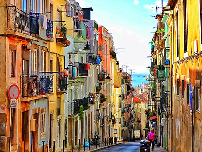 거리, 다채로운, 색상, 하우스, 리스본, 포르투갈, 사람이 만든, HD 배경 화면 HD wallpaper