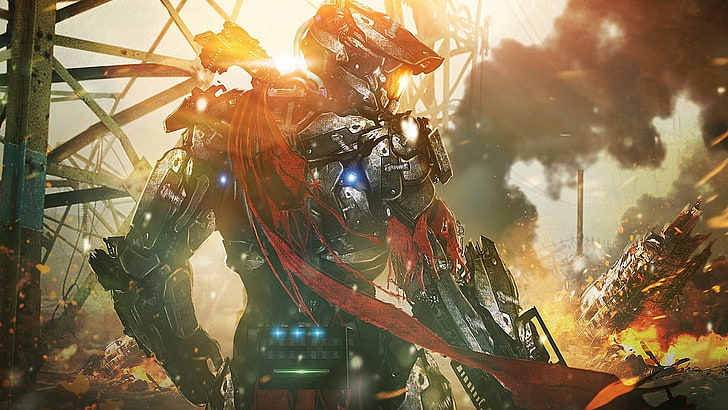 illustrazione di robot nero e rosso, opera d'arte, cyborg, soldato, guerra, futuristico, armatura, Halo, Sfondo HD