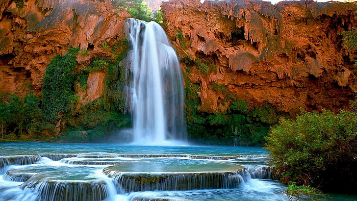 havasu falls, arizona, grand canyon, united states, waterfall, cliff, rock, usa, pond, plunge pools, HD wallpaper