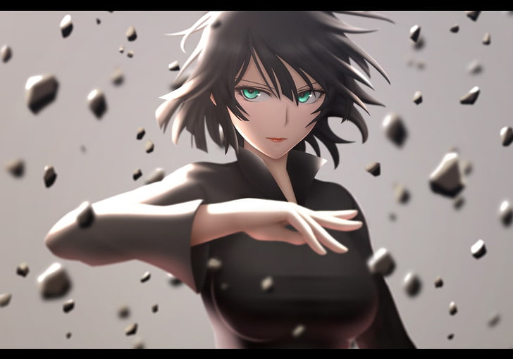 черноволосый женский персонаж аниме, аниме, One-Punch Man, Fubuki, зеленые глаза, короткие волосы, HD обои
