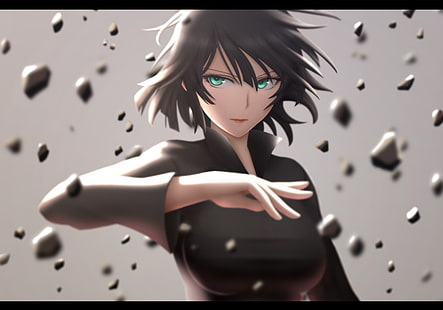 svarthårig kvinnlig anime karaktär, anime, One-Punch Man, Fubuki, gröna ögon, kort hår, HD tapet HD wallpaper