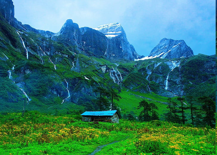 산 골짜기 경로 네팔 히말라야 눈 덮인 피크 야생화 나무 녹색 파랑 노랑 오두막 폭포 자연 풍경, HD 배경 화면