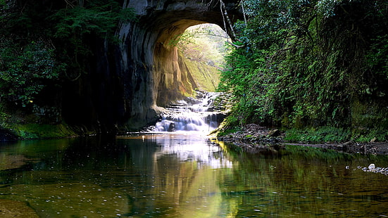 водопад, пещера, пещера Камейва, кимицу, азия, япония, водопад номизо, HD обои HD wallpaper