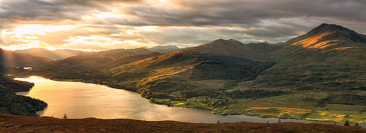 езеро и зелена планина, Trossachs, Шотландия, езеро, зелена планина, Loch Venachar, Ben Ledi, Ben A'an, планина, природа, пейзаж, залез, живопис, на открито, планински връх, пътуване, небе, HD тапет