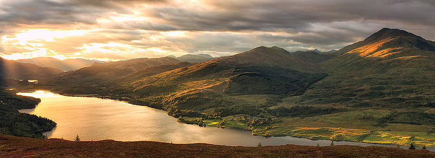 езеро и зелена планина, Trossachs, Шотландия, езеро, зелена планина, Loch Venachar, Ben Ledi, Ben A'an, планина, природа, пейзаж, залез, живопис, на открито, планински връх, пътуване, небе, HD тапет HD wallpaper