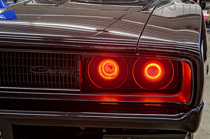 car, machine, look, light, red, black, headlight, the hood, grille, before, emblem, Dodge, classic, bumper, muscle, charger, radiator, styling, 1968, label, hood, 70's, 60's, 2gen, HD wallpaper