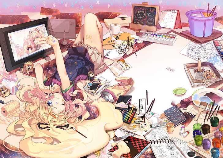 vocaloid, seeu, lying down, blonde, wink, paint tools, moe, Anime, HD wallpaper
