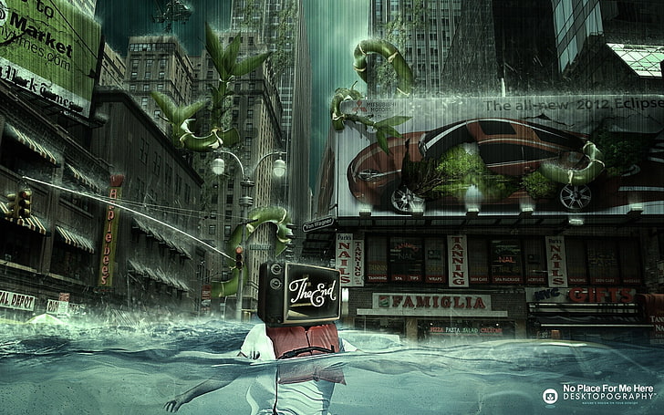 personne avec le dos rouge nageant dans la ville papier peint, Desktopography, paysage urbain, ville, art numérique, pluie, inondation, téléviseurs, split view, robot, Fond d'écran HD