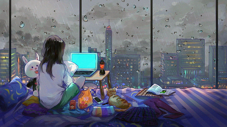 девушка сидит на кровати, наблюдая за ноутбуком компьютер иллюстрации, произведения искусства, город, аниме девушки, комната, HD обои