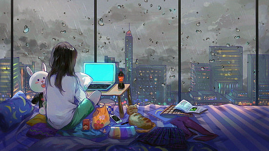 ragazza seduta sul letto a guardare l'illustrazione del computer portatile, opere d'arte, città, ragazze anime, camera, Sfondo HD HD wallpaper